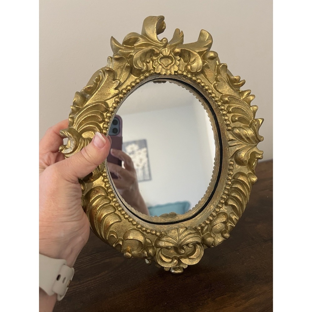 Vintage Hollywood Regency Gold Gilt Ornate Oval Wall Mirror Rococo 11x9 Decor